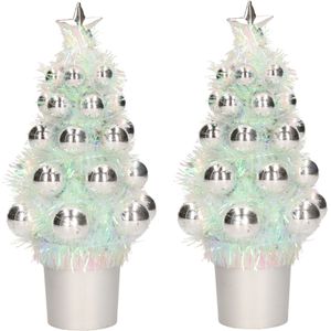2x Mini kunst kerstboompje zilver met kerstballen 19 cm - Kerstversiering - Kunstboompje