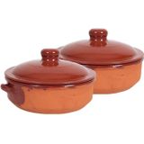 2x Stenen ovenschalen met deksel bruin 24 cm - Terracotta ovenschalen/braadpannen - pannetjes voor 1 persoon