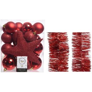 Kerstversiering kunststof kerstballen 5-6-8 cm met ster piek en folieslingers pakket rood van 35x stuks - Kerstboomversiering
