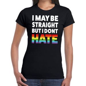 I may be straight but i dont hate -  gay pride t-shirt zwart met regenboog tekst voor dames - lgbt kleding