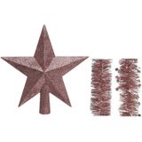 Kerstversiering kunststof glitter ster piek 19 cm en folieslingers pakket oud roze van 3x stuks - Kerstboomversiering