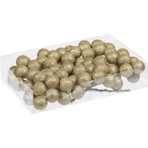 80x Gouden glitter mini kerstballen stekers kunststof 3 cm - Kerststukje maken onderdelen