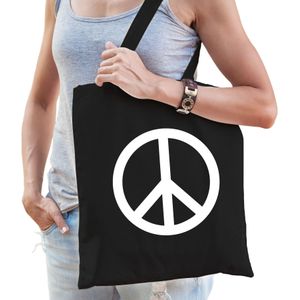 Flower Power katoenen tas met peace teken zwart voor volwassenen - Sixties/jaren 60/toppers tasjes