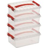 5x Sunware Q-Line opberg boxen/opbergdozen 4 liter 30 x 20 x 10 cm kunststof - platte/smalle opslagbox - Opbergbak kunststof transparant/rood
