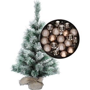 Besneeuwde mini kerstboom/kunst kerstboom 35 cm met kerstballen champagne - Kerstversiering