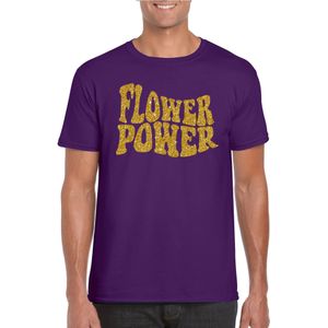 Paars Flower Power t-shirt met gouden letters heren - Sixties/jaren 60 kleding