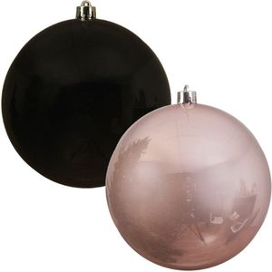 Kerstversieringen set van 6x grote kunststof kerstballen zwart en lichtroze 14 cm glans - 3x per kleur