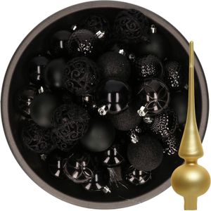 Decoris Kerstballen - 37x stuks - 6 cm - zwart - kunststof - incl. glazen piek mat goud