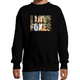 Tekst sweater I love foxes met dieren foto van een vos zwart voor kinderen - cadeau trui vossen liefhebber - kinderkleding / kleding