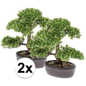 2x Groene kunst mini Bonsai boompje in pot 32 cm - Kunstplanten