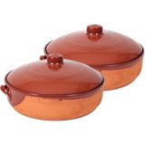 2x Stenen ovenschalen met deksel bruin/ terracotta 28 cm - Terracotta ovenschalen/braadpannen