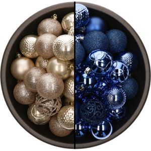 Bellatio Decorations Kerstballen mix - 74-delig - parel champagne en kobalt blauw - 6 cm - kunststof