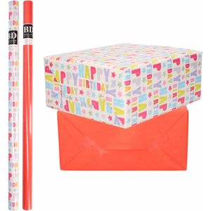 6x Rollen kraft inpakpapier happy birthday pakket - rood 200 x 70 cm - cadeau/verzendpapier