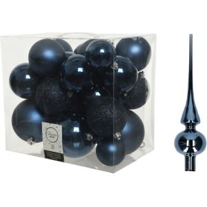 Kerstversiering kunststof kerstballen donkerblauw 6-8-10 cm pakket van 27x stuks - Met glans glazen piek van 26 cm
