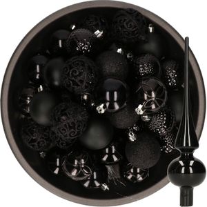 Decoris Kerstballen - 37x stuks - 6 cm - zwart - kunststof - incl. glazen piek glans