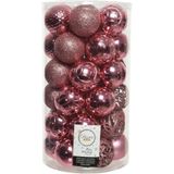 Kerstballen - 37x st. 6 cm - incl. kralenslinger 10 m- roze kunststof