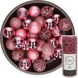Kerstballen - 37x st. 6 cm - incl. kralenslinger 10 m- roze kunststof