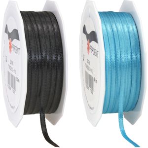 Cadeaulint/sierlint pakket - zwart/turquoise blauw - 3 mm x 50 meter - Hobby/decoratie/knutselen