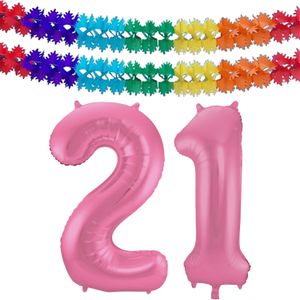 Folat folie ballonnen - Verjaardag leeftijd cijfer 21 - glimmend roze - 86 cm - en 2x feestslingers