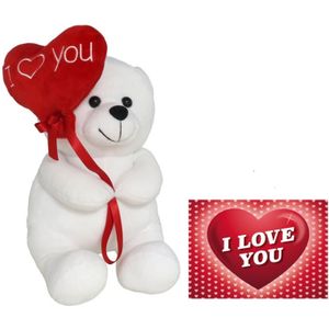 Pluche knuffelbeer met I Love hartje - wit/rood - 20 cm - inc. wenskaart