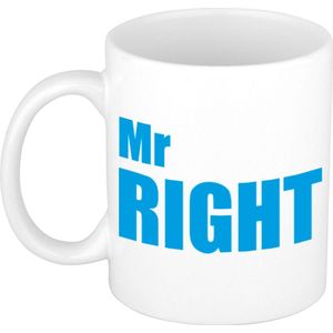 Mr Right cadeau koffiemok / theebeker wit met blauwe blokletters - 300 ml - keramiek - fun tekst beker / cadeaumok