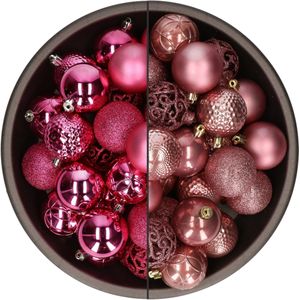 Bellatio Decorations Kerstballen mix - 74-delig - oudroze en fuchsia - 6 cm - kunststof