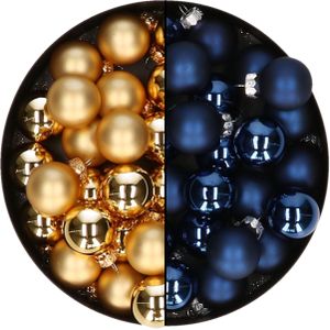 Mini kerstballen - 48x st - donkerblauw en goud - 2,5 cm - glas - kerstversiering