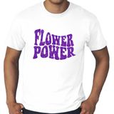 Grote maten Flower Power t-shirt - wit met paarse glitter letters - plus size heren