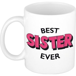 Best sister ever cadeau mok / beker wit met roze cartoon letters - 300 ml - keramiek - verjaardag - cadeau koffiemok / theebeker