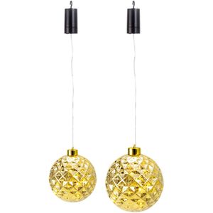 Verlichte kerstballen - 2x st - kunststof - goud - aan draad - D15 en D20 cm