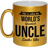 This is what the worlds greatest uncle looks like cadeau koffiemok / theebeker - goudkleurig - 330 ml - verjaardag / bedankje - tekst mokken