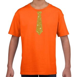 Oranje fun t-shirt met stropdas in glitter goud kinderen - feest shirt voor kids