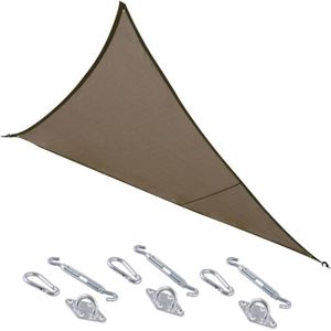 Polyester schaduwdoek/zonnescherm Curacao driehoek taupe 4 x 4 x 4 meter - inclusief bevestiging haken set