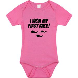 I won my first race tekst baby rompertje roze meisjes - Kraamcadeau - Babykleding