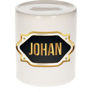 Johan naam cadeau spaarpot met gouden embleem - kado verjaardag/ vaderdag/ pensioen/ geslaagd/ bedankt