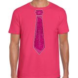 Bellatio Decorations Verkleed shirt heren - stropdas glitter roze - roze - carnaval - foute party