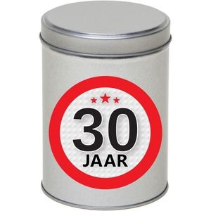 Cadeau/kado zilver rond blik 30 jaar 13 cm - Snoepblikken - Cadeauverpakking voor verjaardag