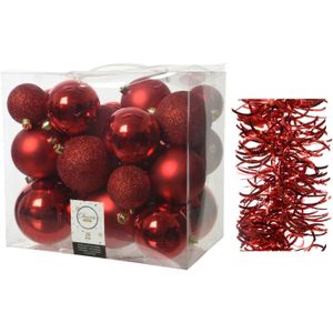 Kerstversiering kunststof kerstballen 6-8-10 cm met golf folieslingers pakket rood van 28x stuks - Kerstboomversiering