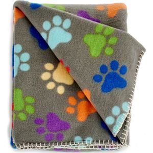 Fleece deken voor huisdieren met pootafdrukken 125 x 157 cm gekleurd - katten/poezen dekentje - Hondenmand plaid