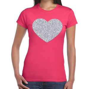 Zilveren hart glitter t-shirt roze dames - dames shirt hart van zilver