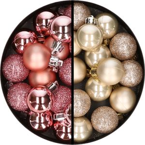 Kerstballen 34x st - 3 cm - roze en champagne - kunststof
