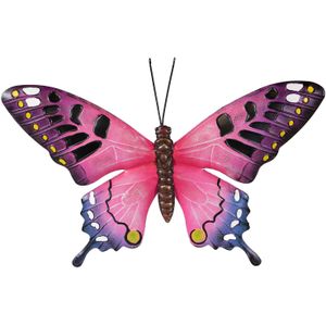 Tuindecoratie vlinder van metaal roze 37 cm - Wand/muur/schutting - Dierenbeelden vlinders