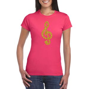 Gouden muziek noot G-sleutel / muziek feest t-shirt / kleding - roze - voor dames - muziek shirts / muziek liefhebber / outfit