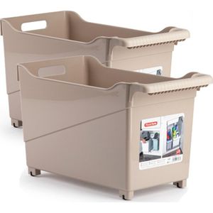 Set van 6x stuks kunststof trolleys lichtbruin op wieltjes L45 x B24 x H27 cm - Voorraad/opberg boxen/bakken