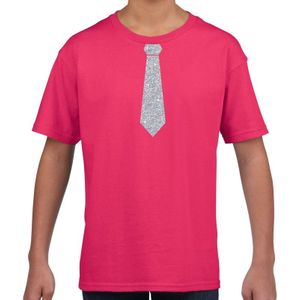 Roze fun t-shirt met stropdas in glitter zilver kinderen - feest shirt voor kids