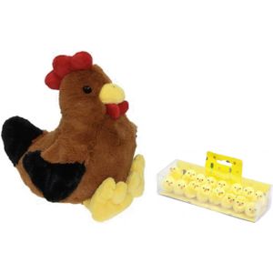 Pluche bruine kippen/hanen knuffel van 25 cm met 16x stuks mini kuikentjes 3,5 cm - Paas/pasen decoratie