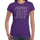 Glitter Super Juf t-shirt paars met steentjes/ rhinestones voor dames - Lerares cadeau shirts - Glitter kleding/foute party outfit