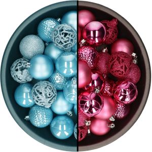 Decoris kerstballen - 74x st - fuchsia roze en ijsblauw - 6 cm - kunststof