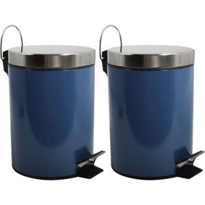 MSV Prullenbak/pedaalemmer - 2x - metaal - marine blauw - 3 liter - 17 x 25 cm - Badkamer/toilet