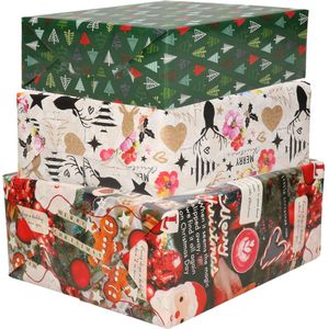 Bellatio Decorations 6x luxe kerst cadeaupapier rollen in 3-stijlen - Inpakpapier